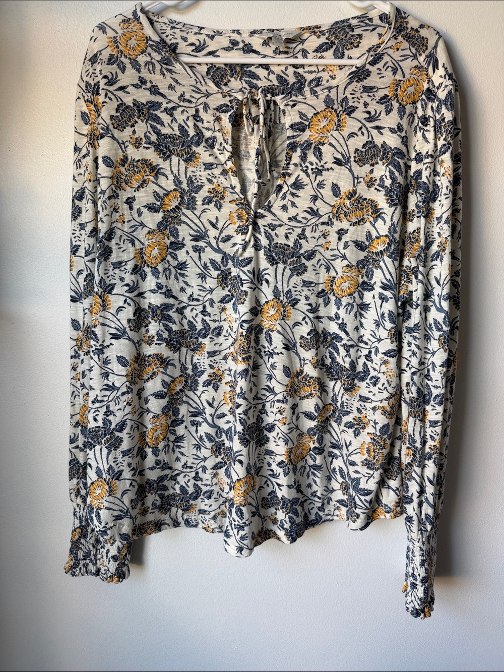 Lucky Brand Cream Long Sleeve Floral Tie-Neck Top with Navy and Mustard Print